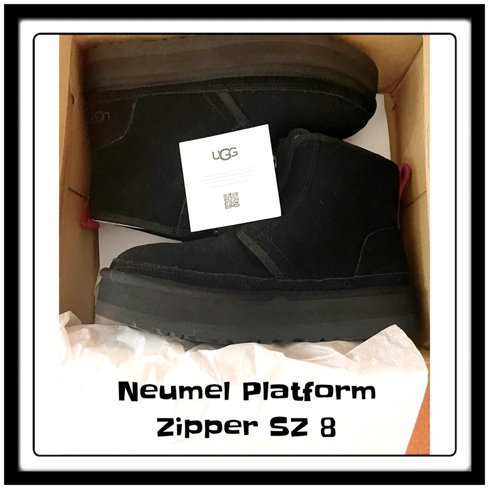 UGG Neumel Zipper Platform Black Suede Boots SZ 8 EUC 1x Wear Inside Only